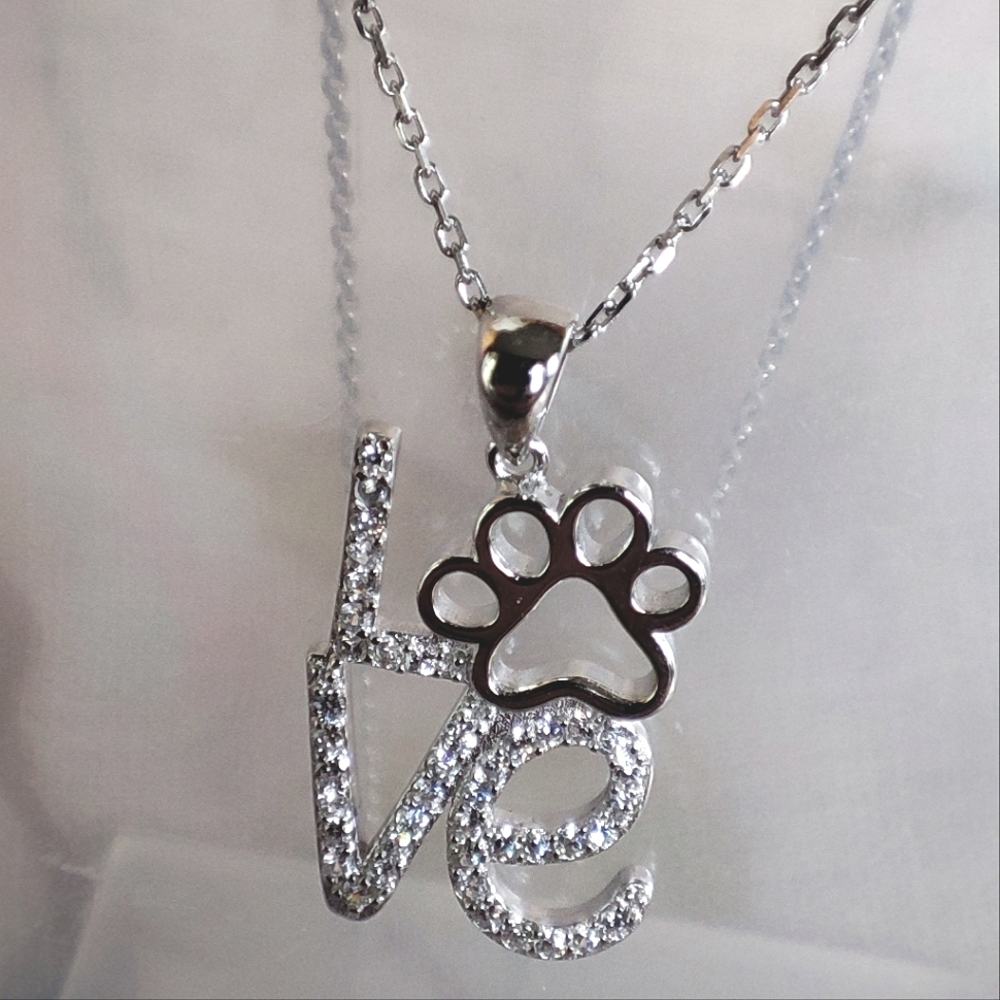 Sterling Silver 925 Pave Cubic Zirconia Clear Pet Paw LOVE Pendant Necklace NWOT